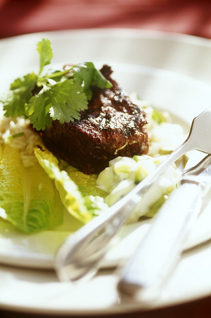 Beef steak with lettuce and parsley on plate
