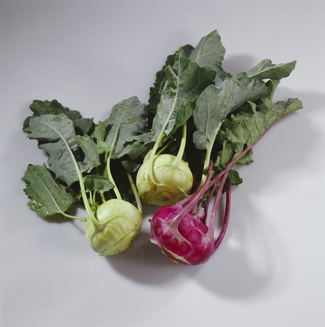 Red and green kohlrabi with leaves