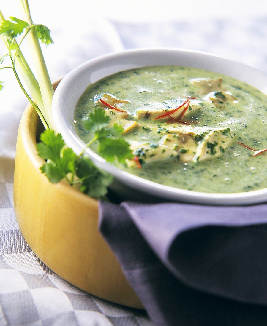 Spinach and coconut soup with chicken breast