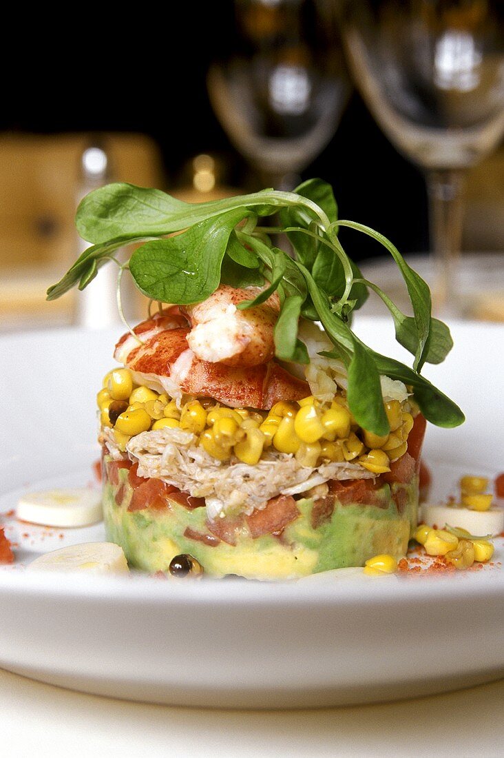 Tower of lobster, crabmeat, avocados and sweetcorn