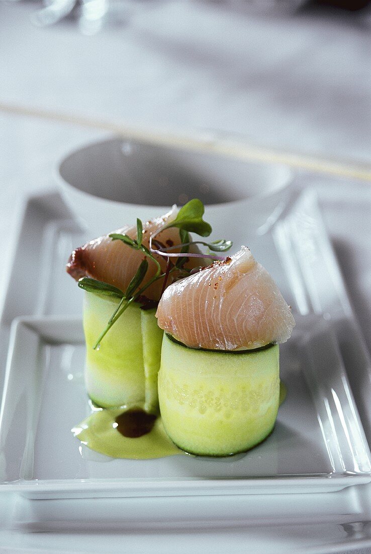 Cucumber rolls with fish (Hamachi and Uni roll)