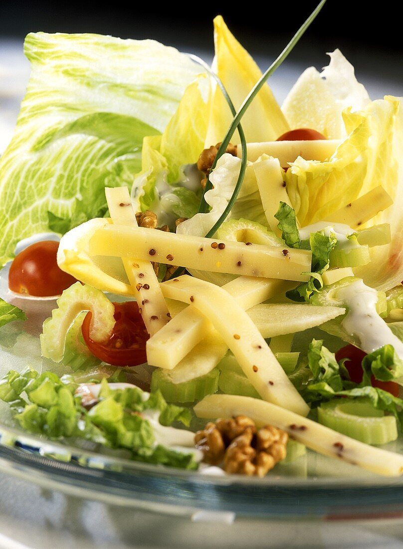 Green salad with cheese, mustard and nuts