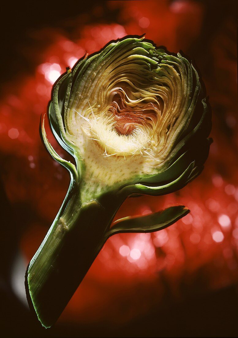 Half an artichoke against red background