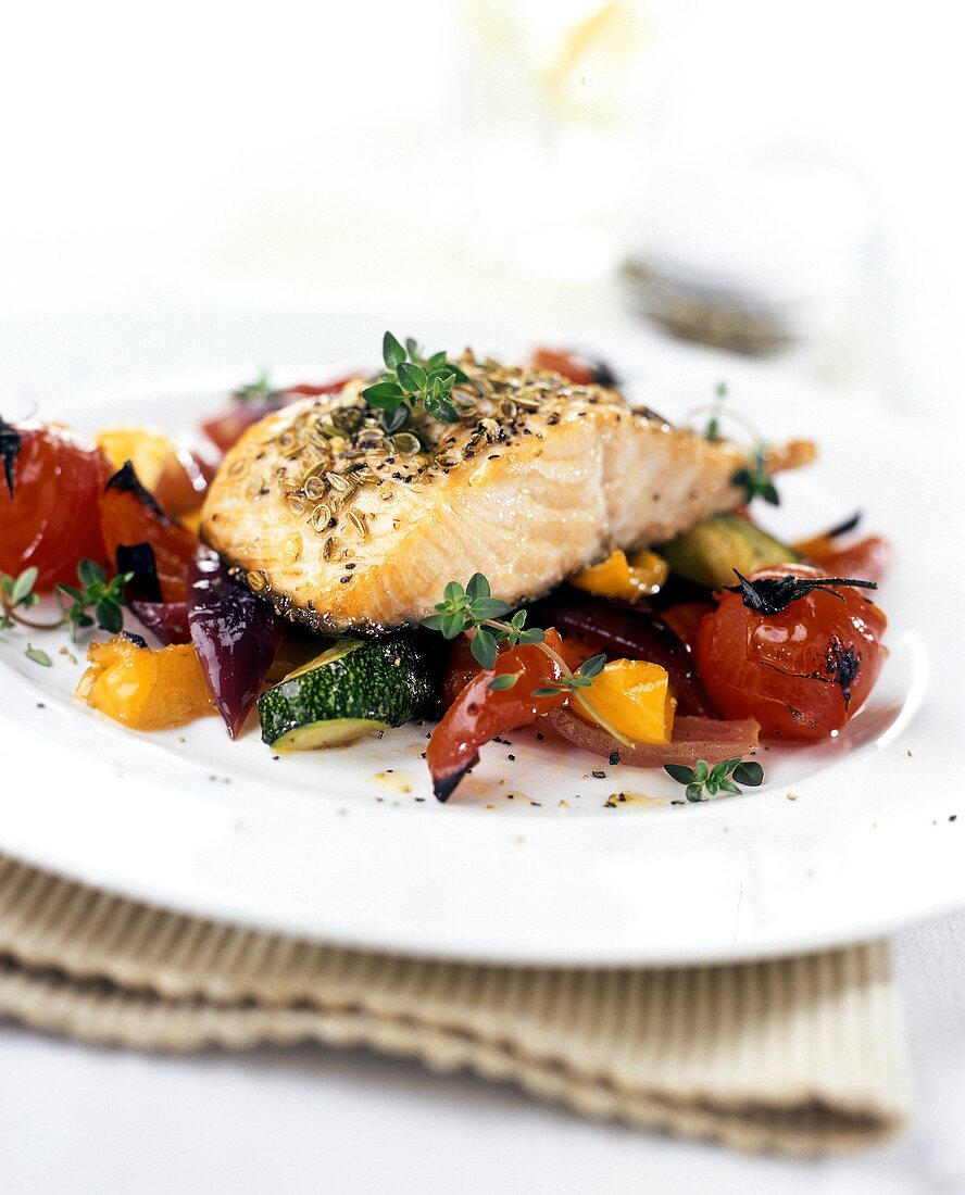 Salmon and fennel on Mediterranean vegetables