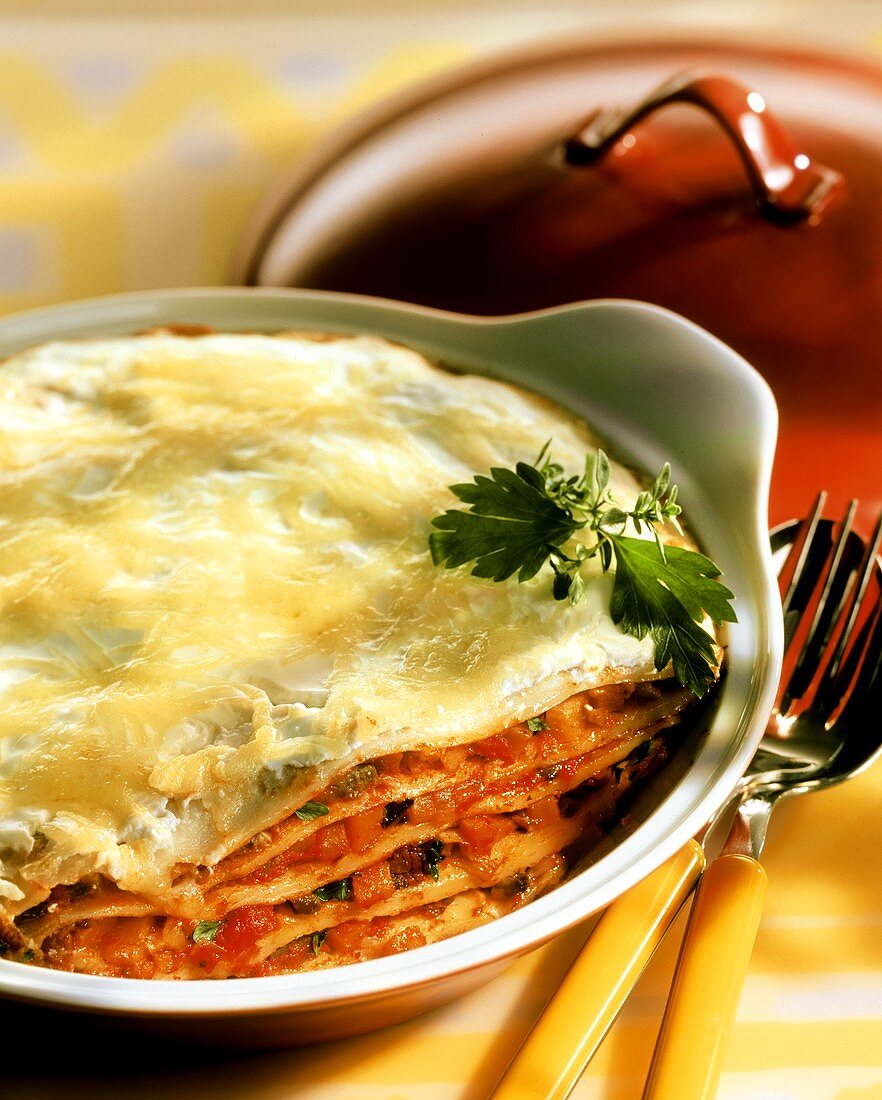 Pancake lasagne, with cheese topping