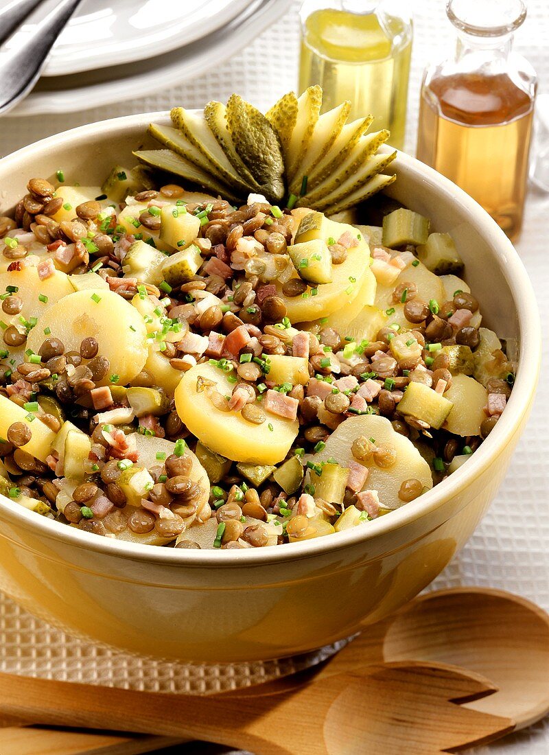 Lentil and potato salad with ham and gherkins