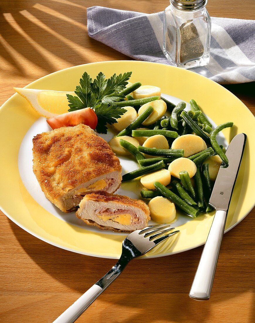 Cordon bleu with bean and potato salad