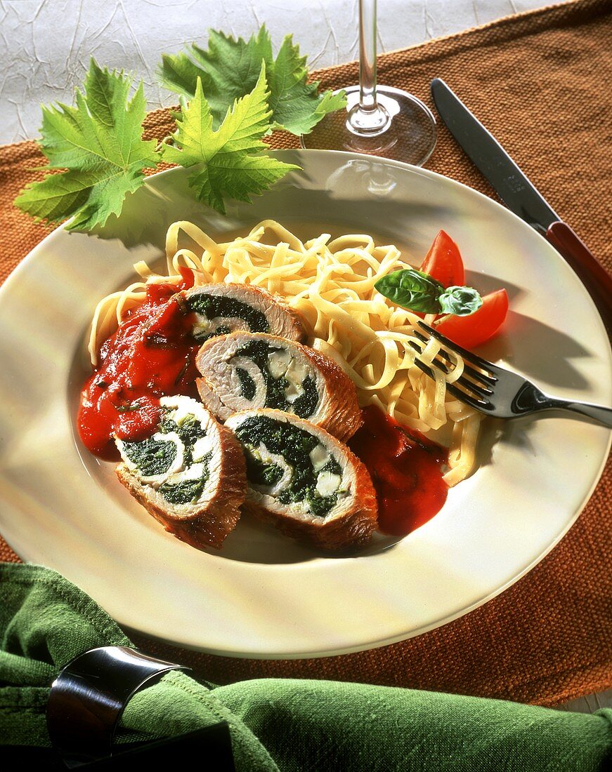 Turkey & spinach roulades with tomato sauce & ribbon pasta
