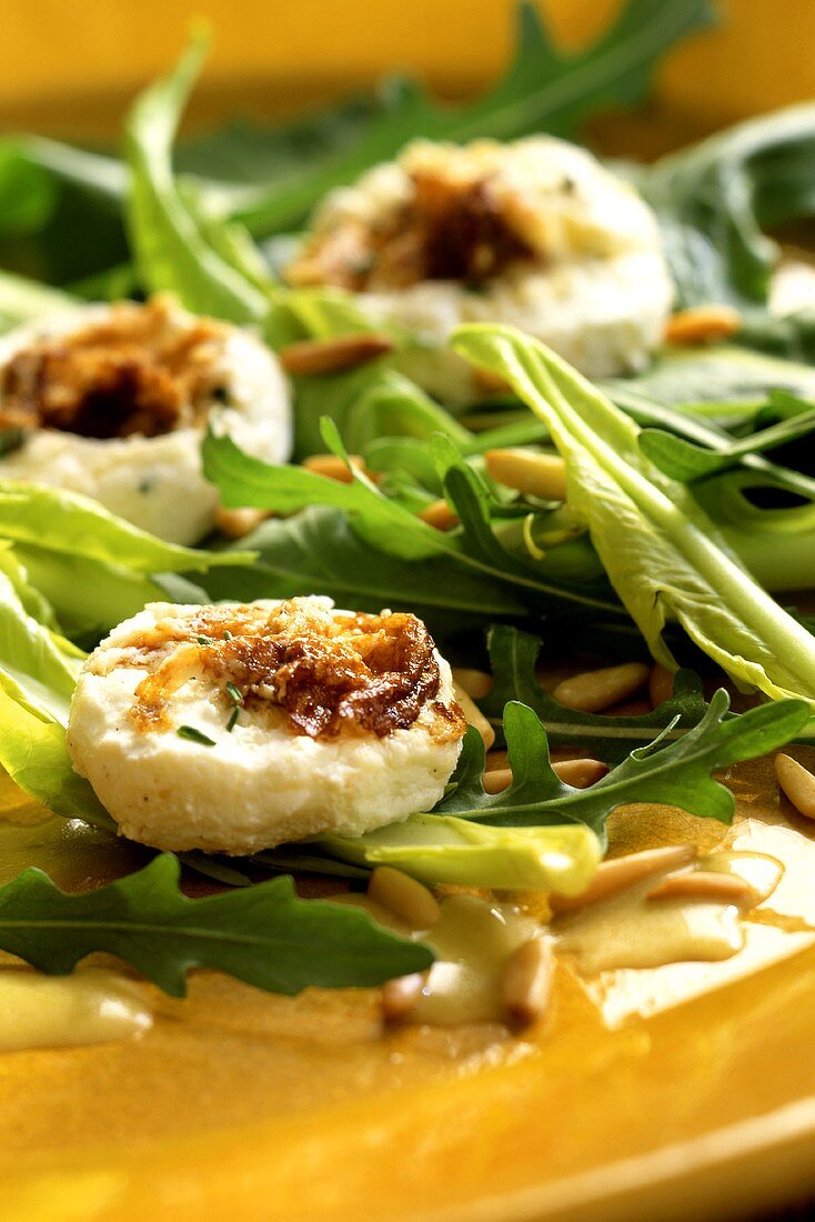 Löwenzahnsalat mit Rucola und Ziegenfrischkäse