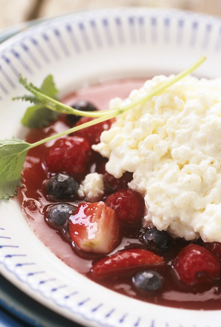Creamed rice pudding with red berry compote