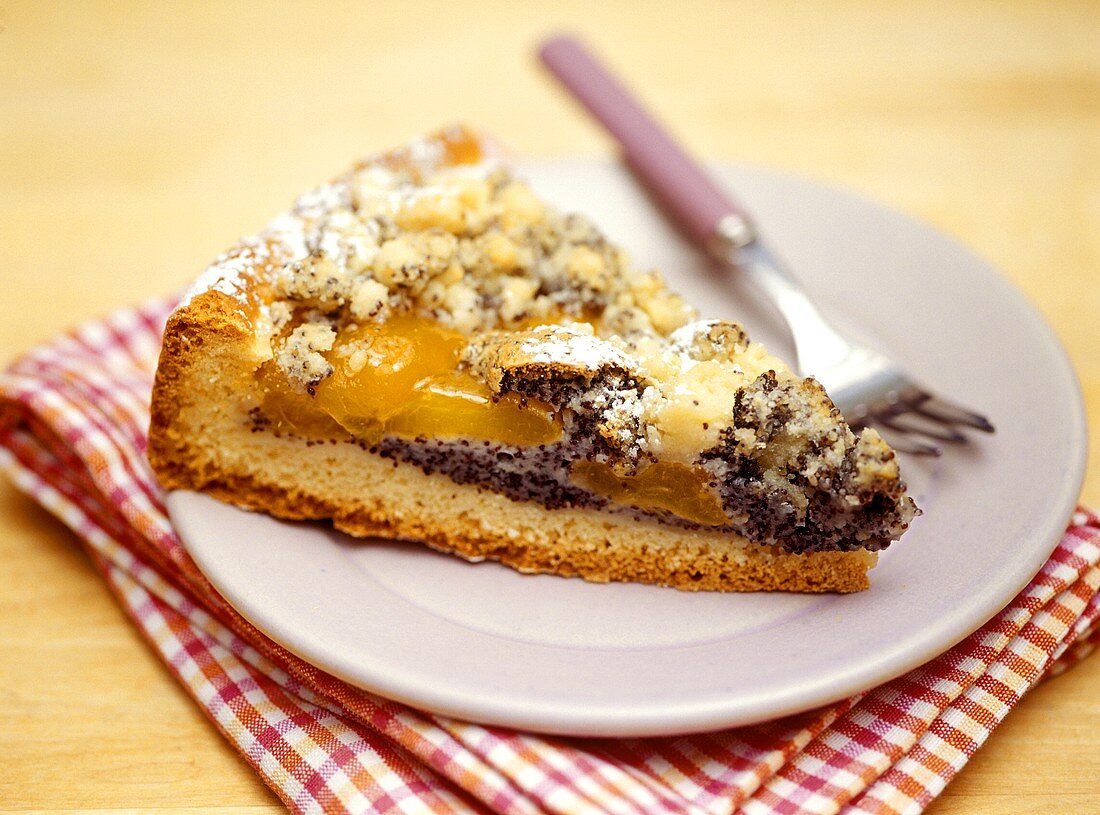 Piece of crumble cake with poppy seeds and apricots