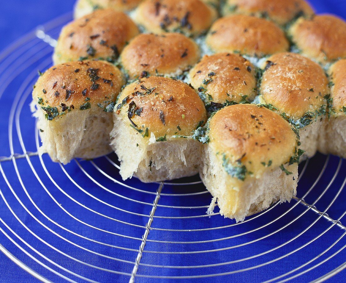 Brötchen mit Knoblauchbutter und Petersilie auf Kuchengitter