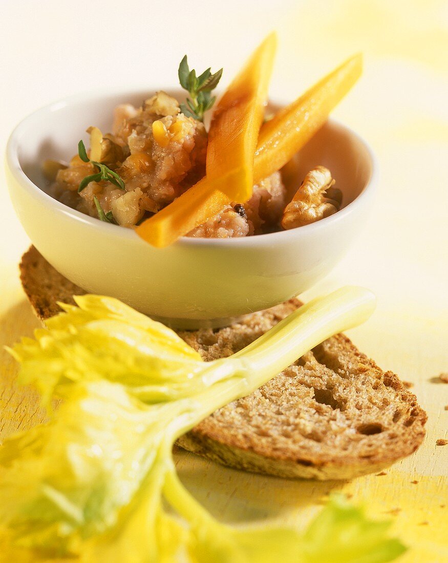 Pear & walnut dip with raw vegetables, farmhouse bread