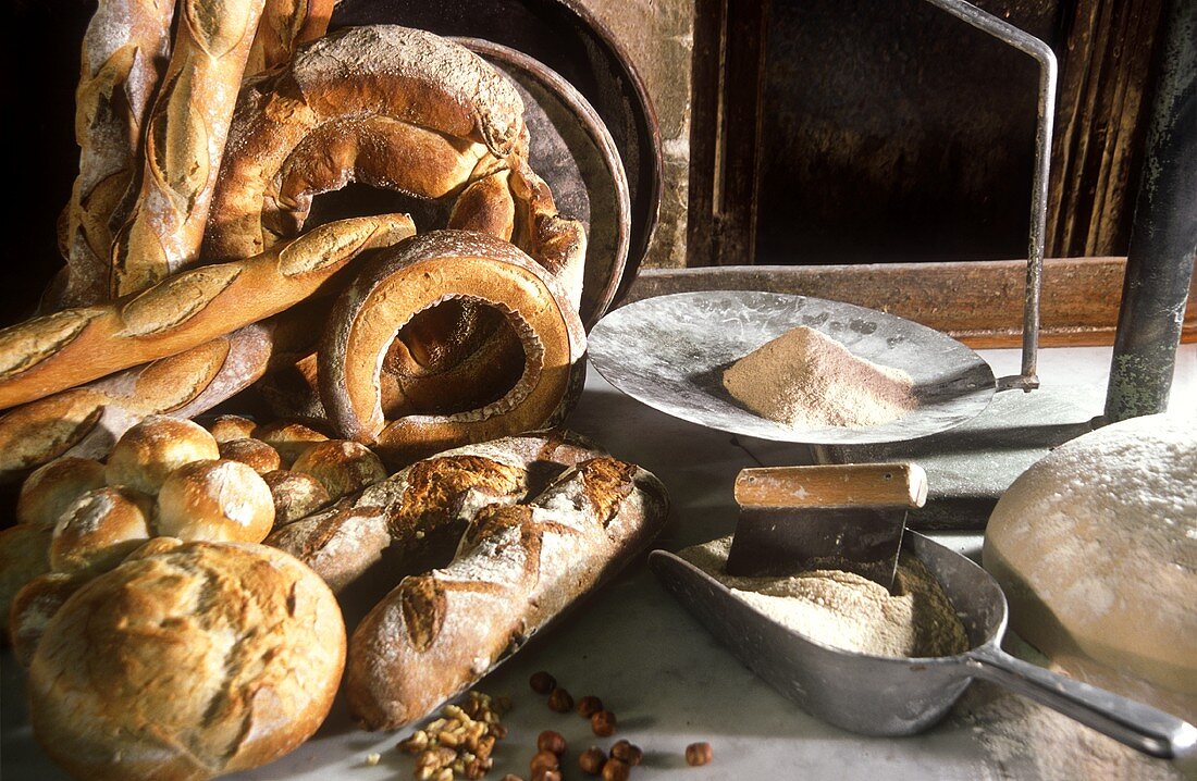 Verschiedene Brote aus Burgund; Mehl; Teig
