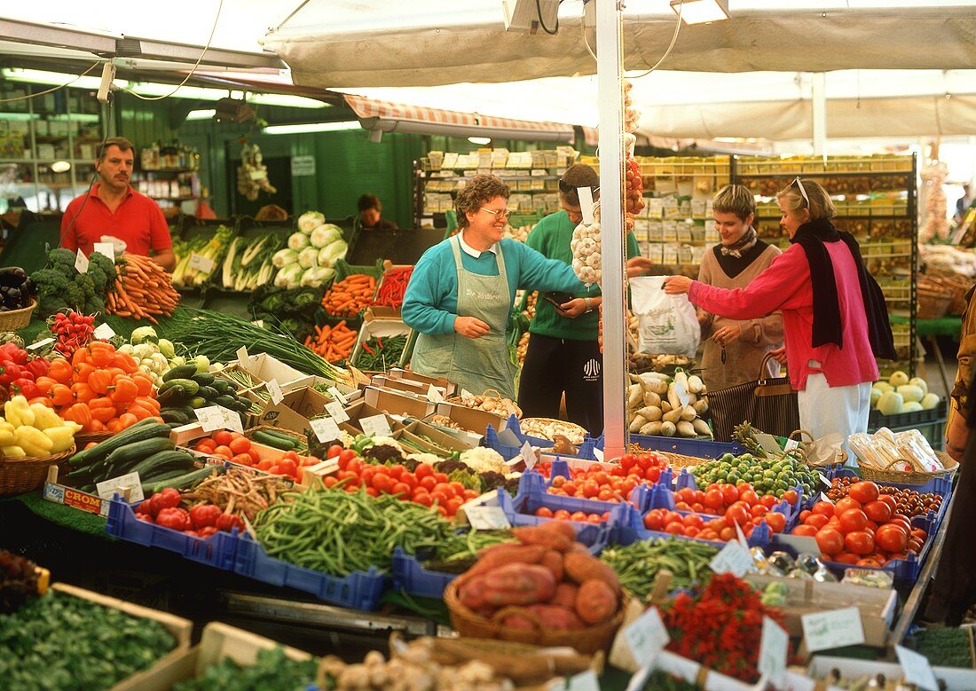 Market stall with many types of fresh vegetables