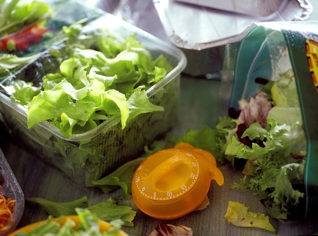 Still life with salad leaves, egg-timer and frozen foods