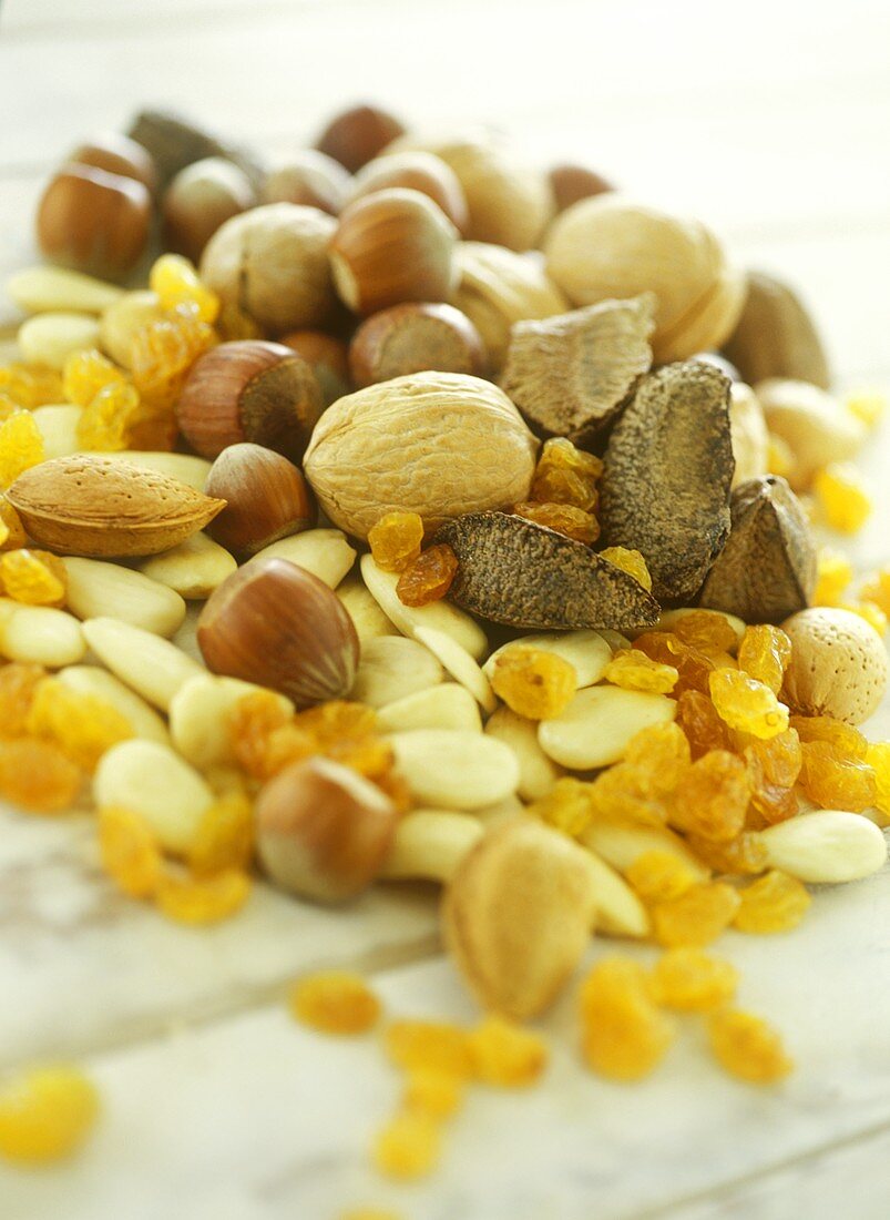 Nuts, almonds and raisins
