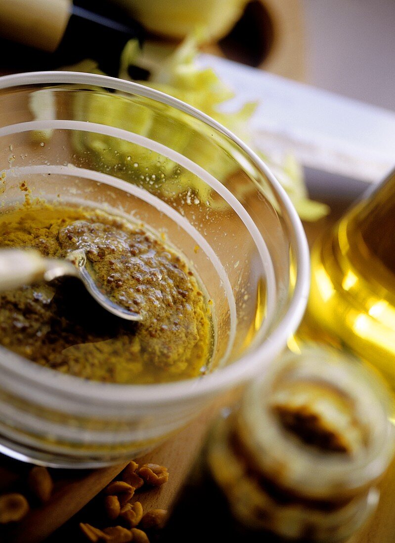 Mustard vinaigrette in glass bowl