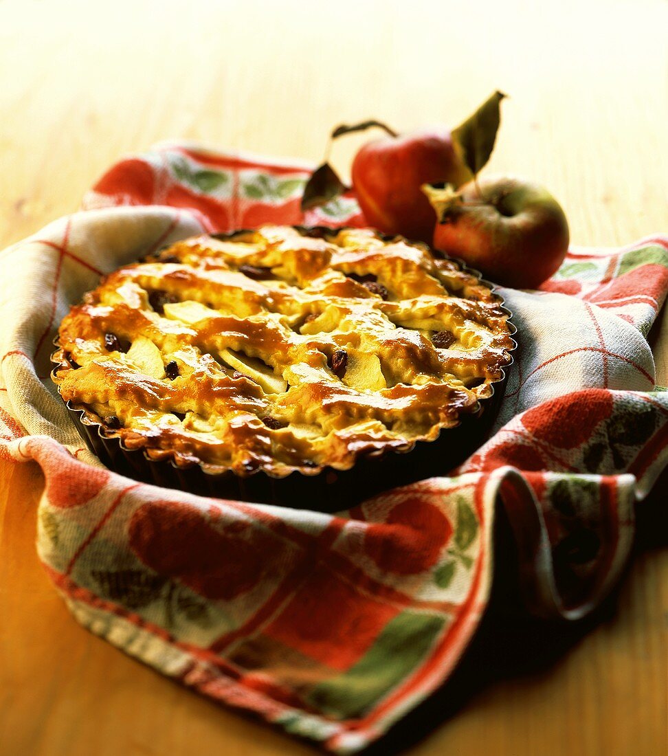 Freshly baked apple pie in the baking dish