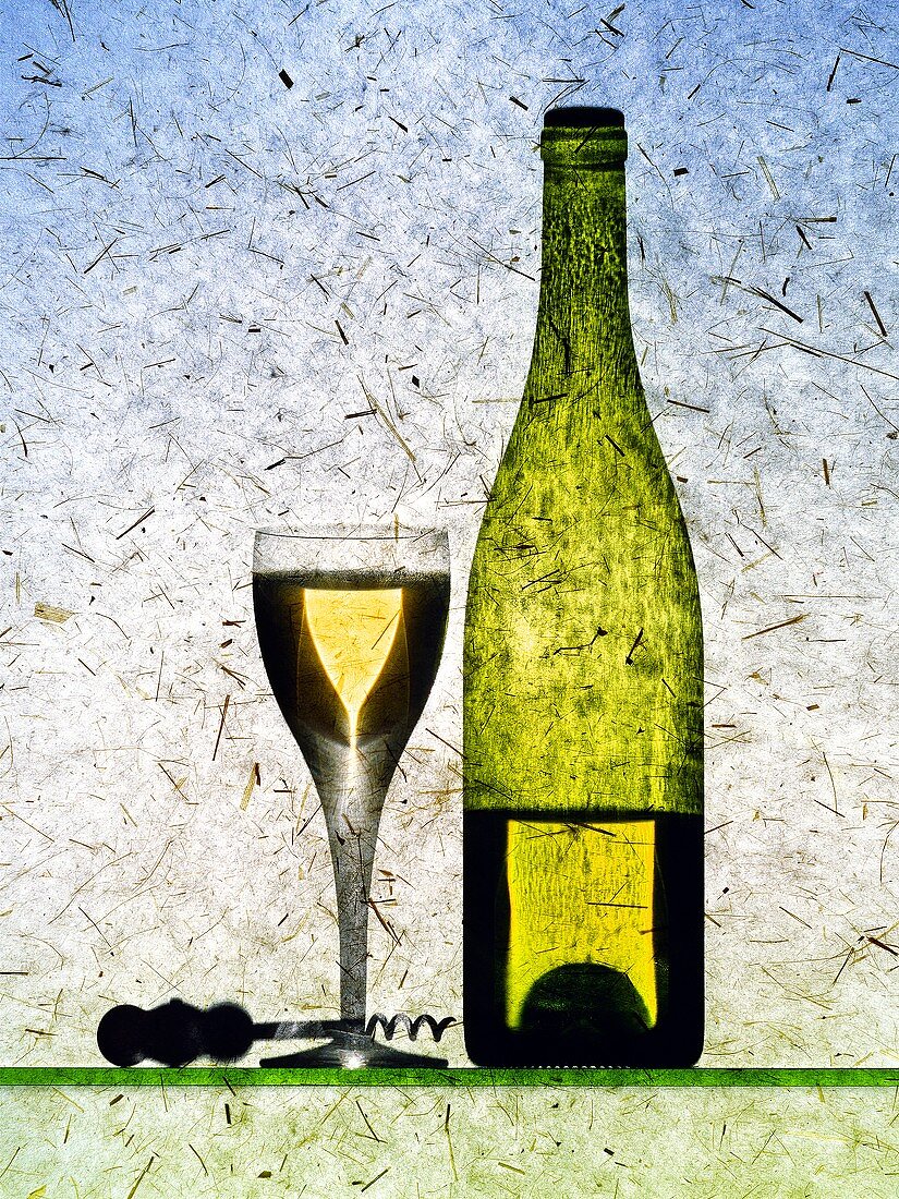 White wine glass, half-full white wine bottle and corkscrew