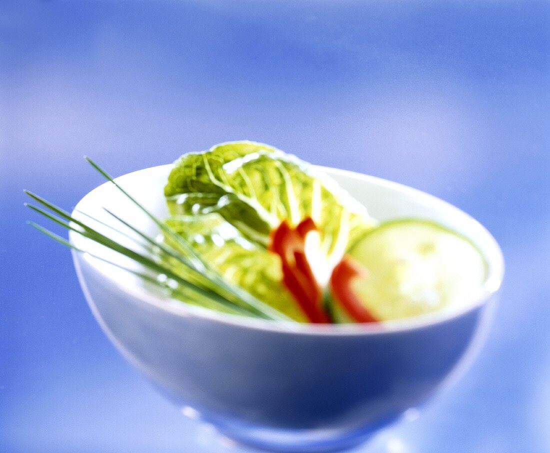 Salatblätter, Gurke, Paprika und Schnittlauch in Schüssel