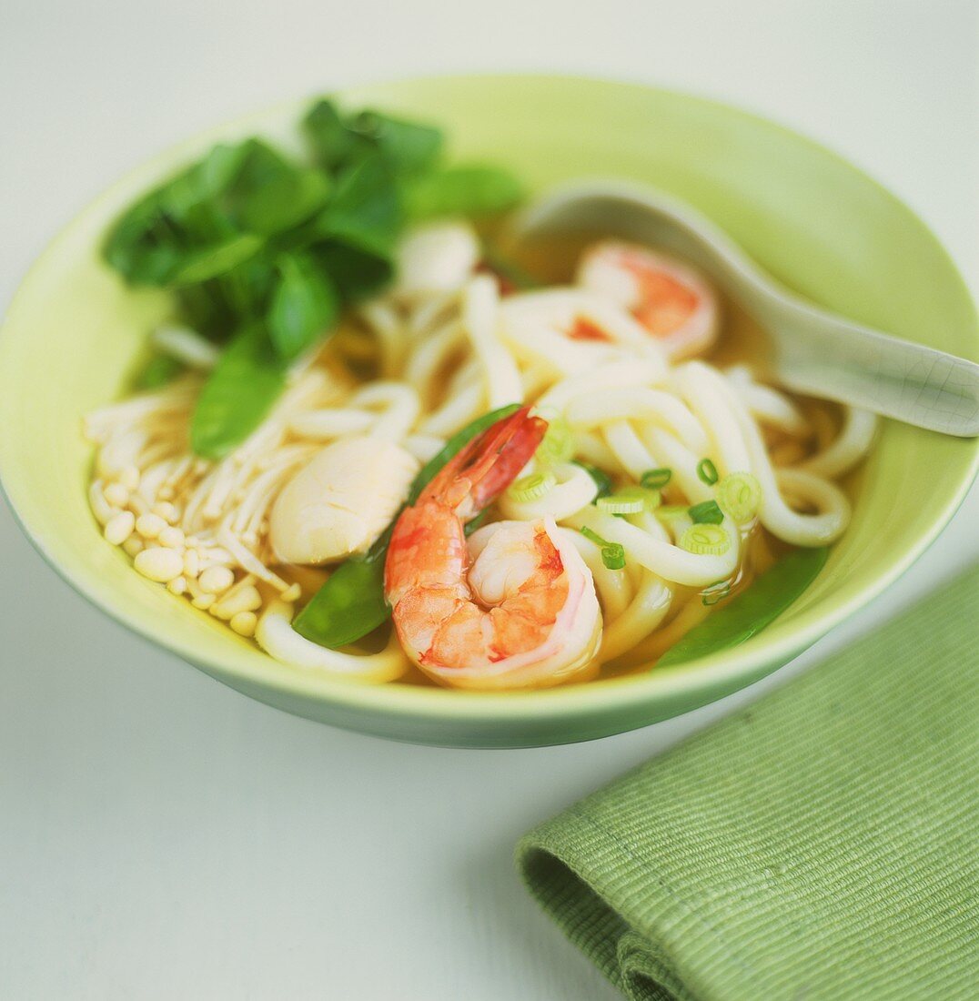 Udon noodle soup with shrimps
