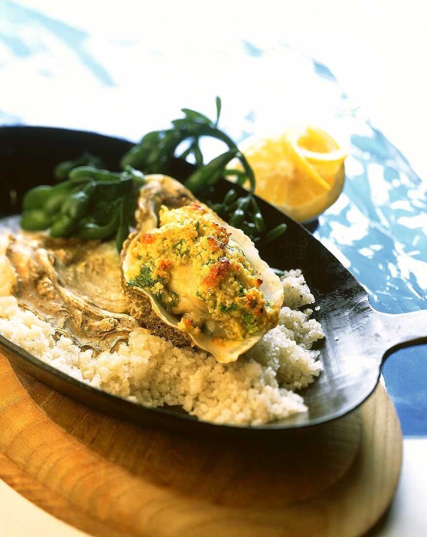 Oyster gratin in pan