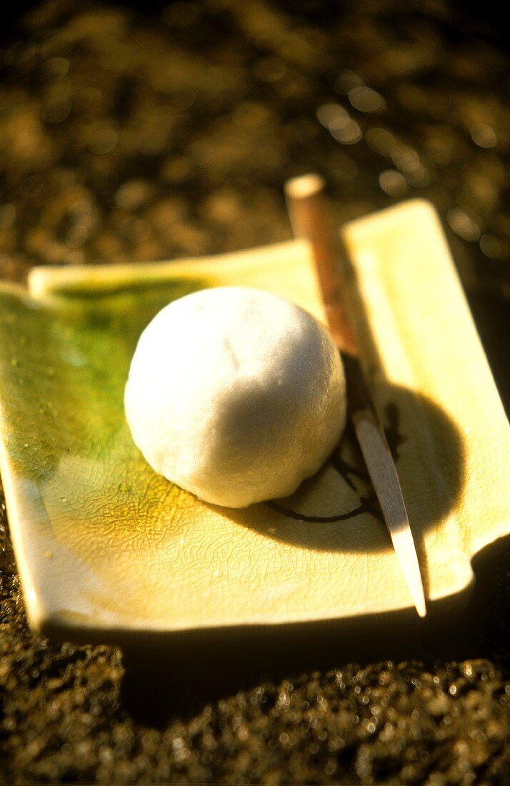 Süsses Reisteigklösschen (Mochi) auf japanischem Teller