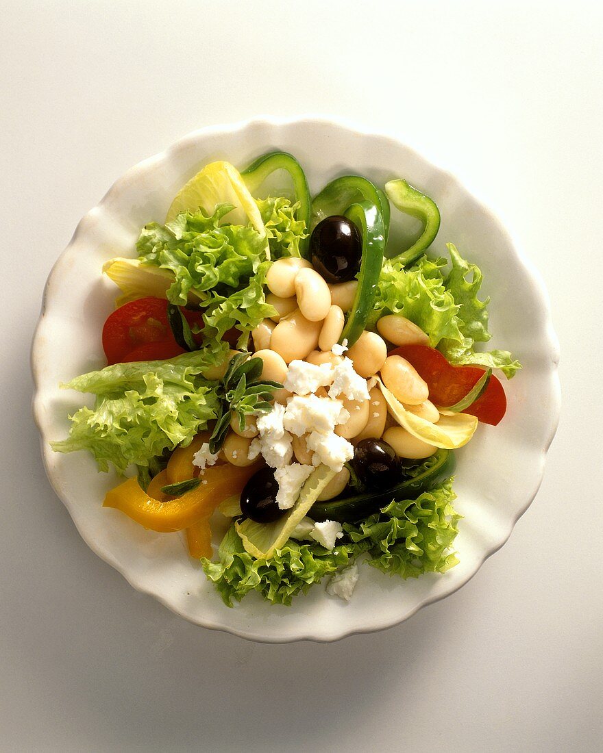 Salat mit weissen Bohnen, Paprika, Oliven und Schafskäse