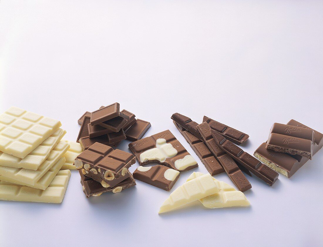 Pieces of white & dark Milka chocolate & nut chocolate