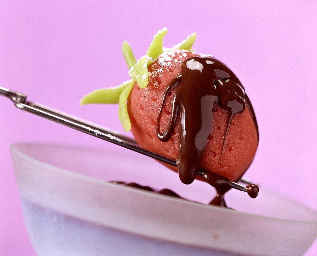 Marzipan strawberry with chocolate icing