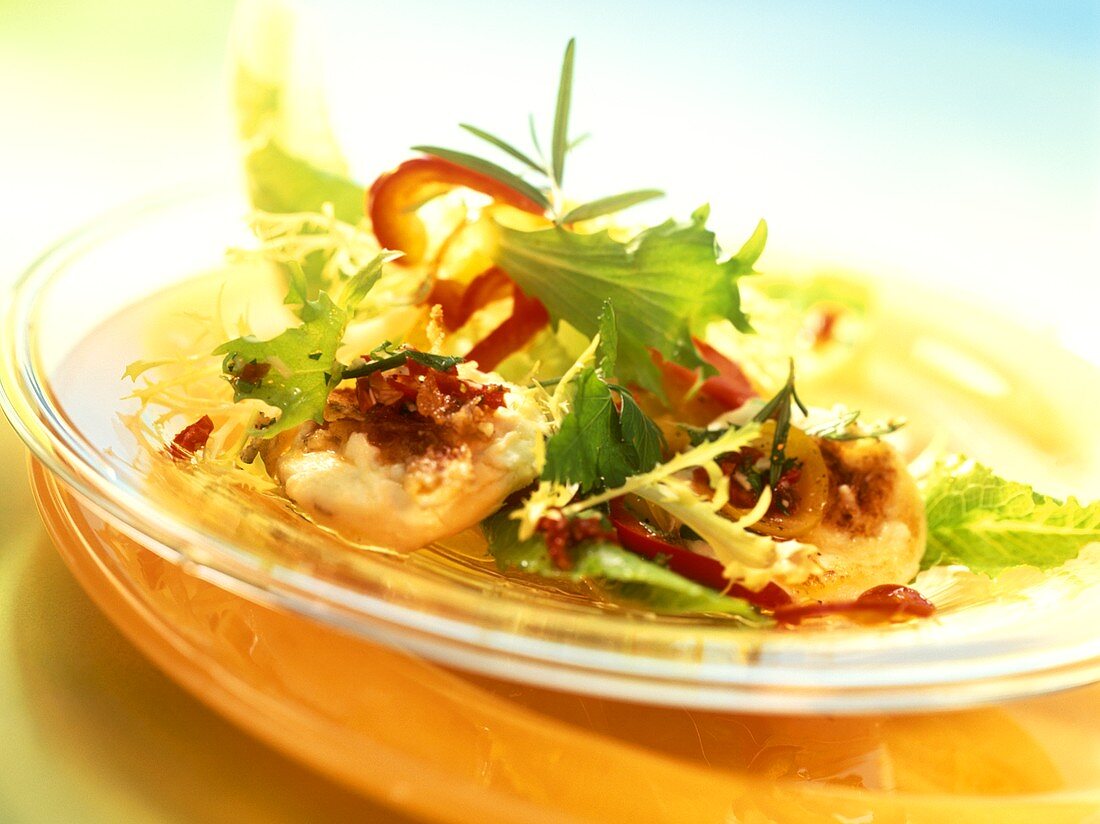 Summery green salad with fried goat's cheese