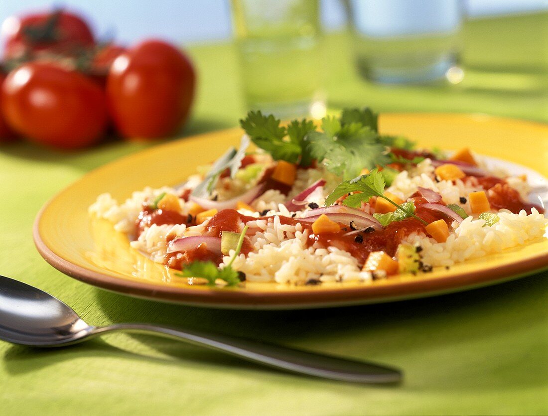 Mexican rice with tomatoes, onions and carrots