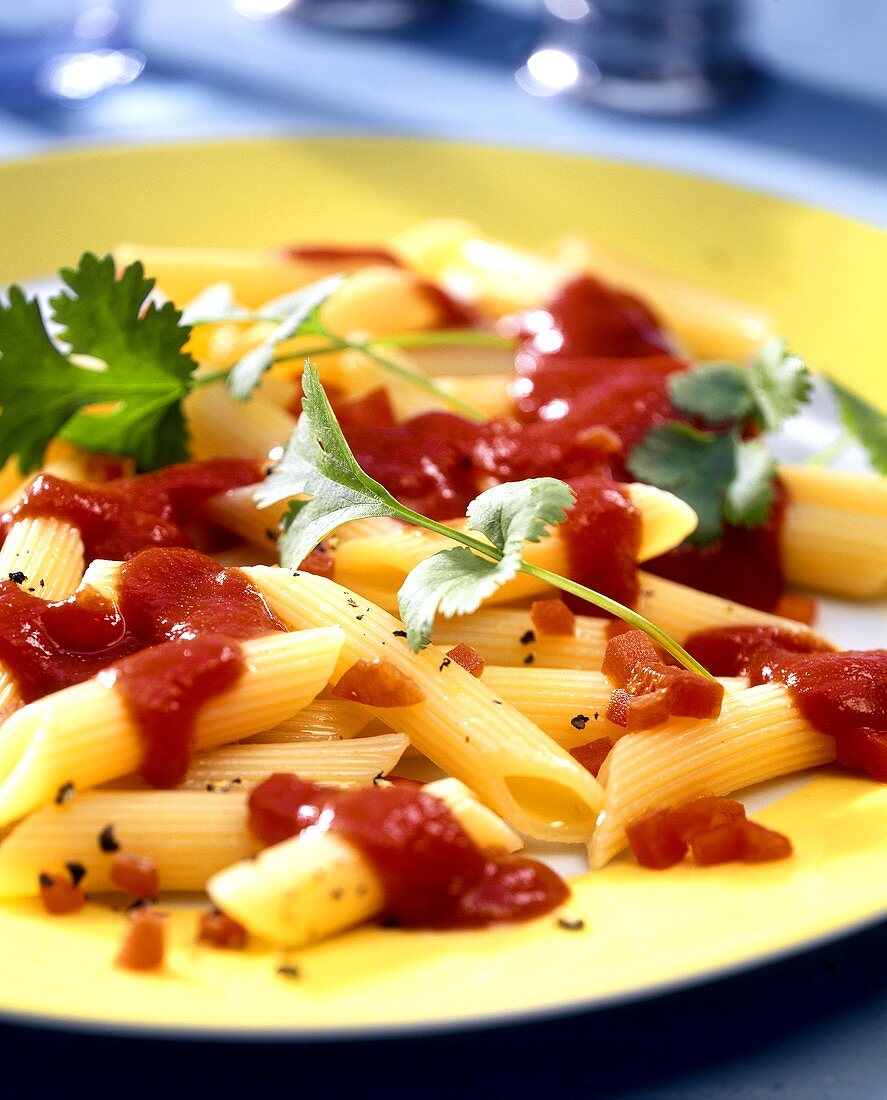 Penne with tomato and pepper sauce and coriander leaves