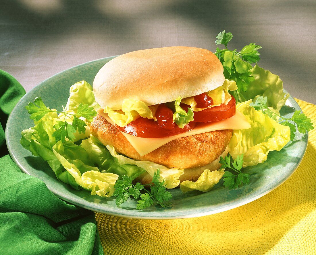 Cheeseburger, garniert mit Salat