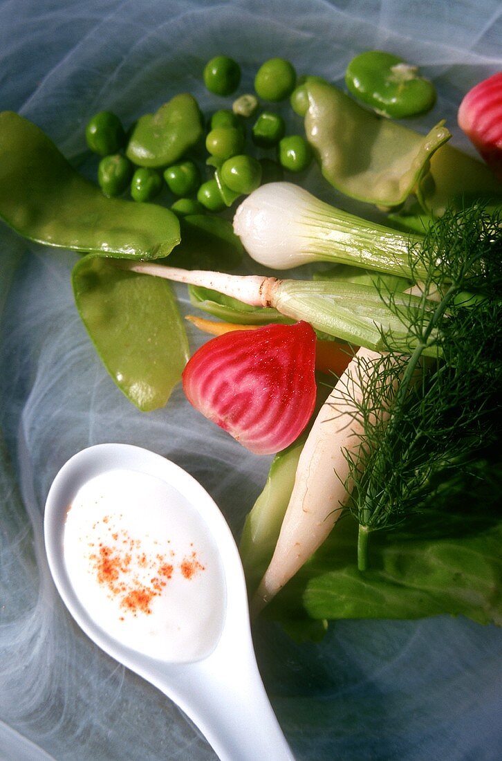 Spring vegetables and a spoonful of yoghurt sauce