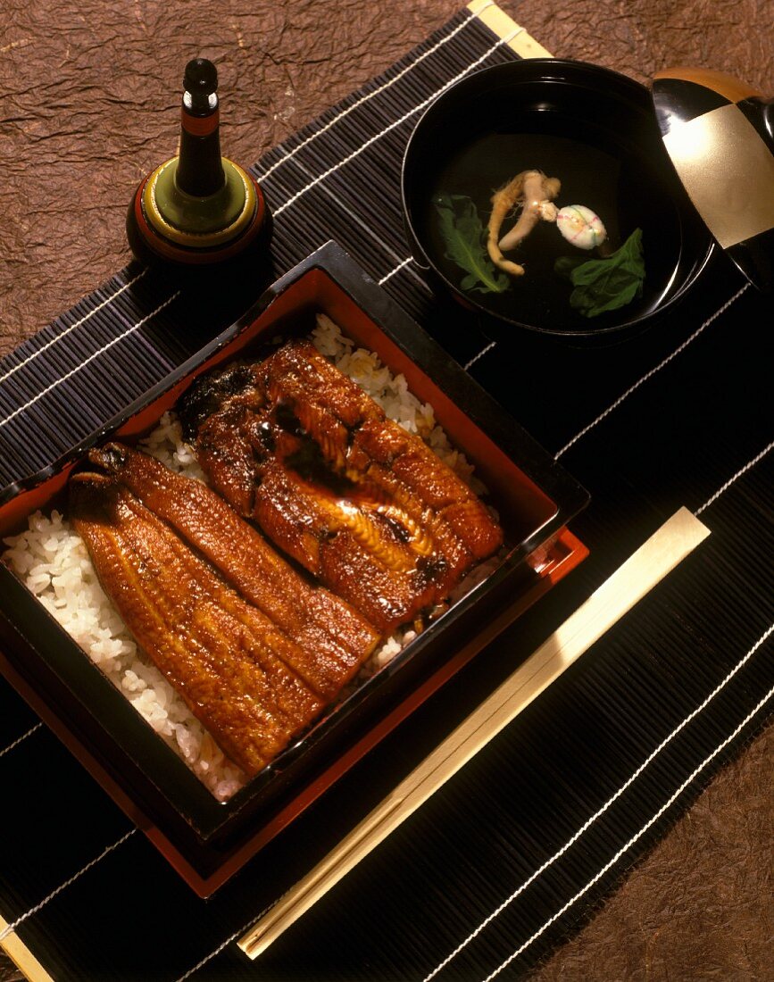 Barbecued eel fillets with soy sauce on rice