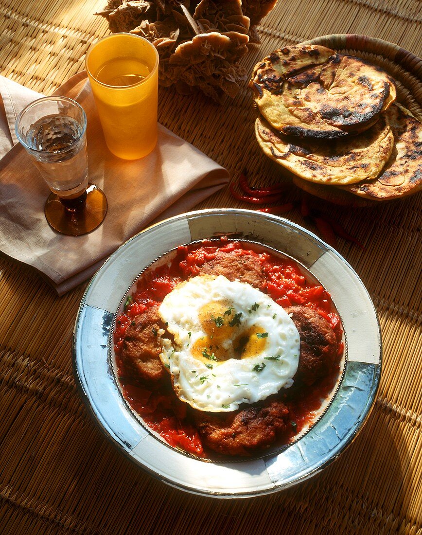 Tunisian rissoles with tomatoes and fried egg; flatbread