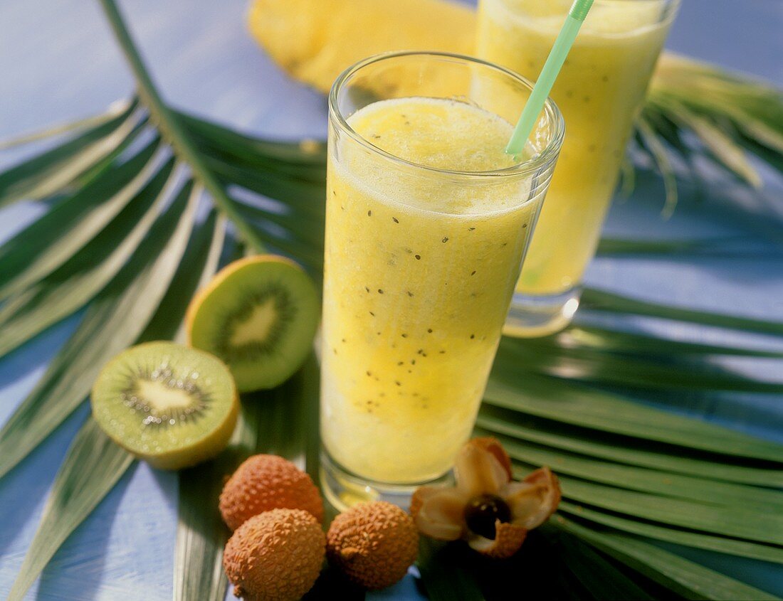 Exotic fruit shake with kiwi fruit, pineapple and lychee