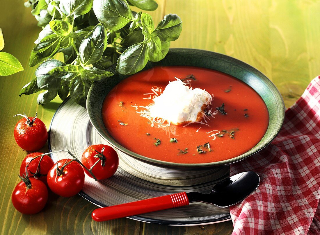 Tomato soup with cheese cream and fresh basil
