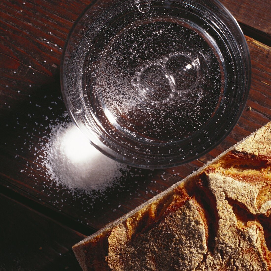 Farmhouse bread, salt and glass of water (from above)