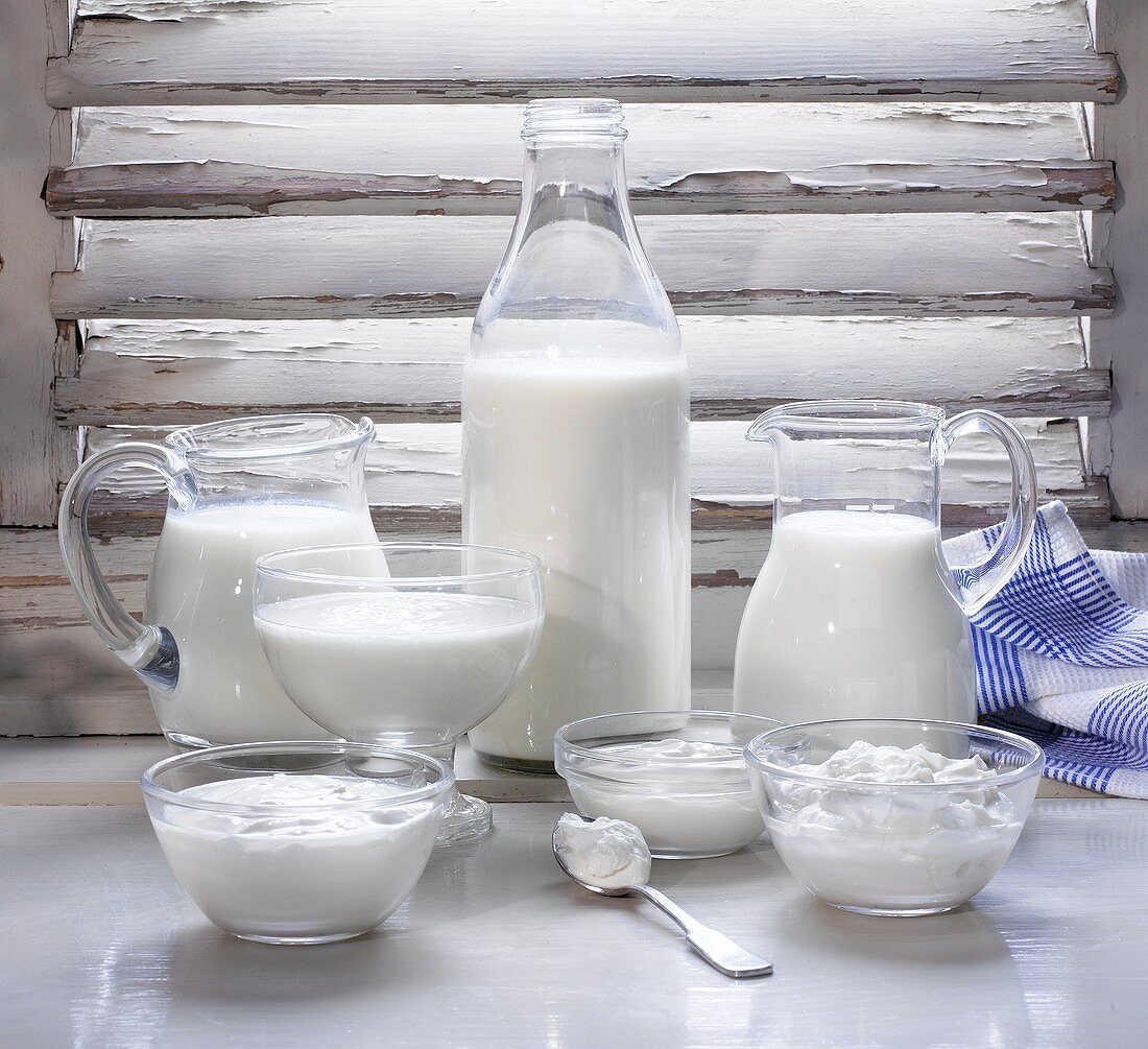 Various dairy products in front of window frame
