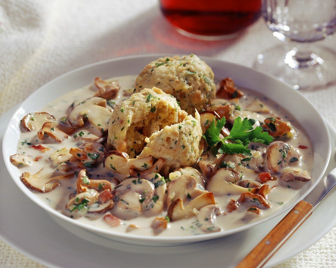 Cep ragout with bread dumpling; red wine