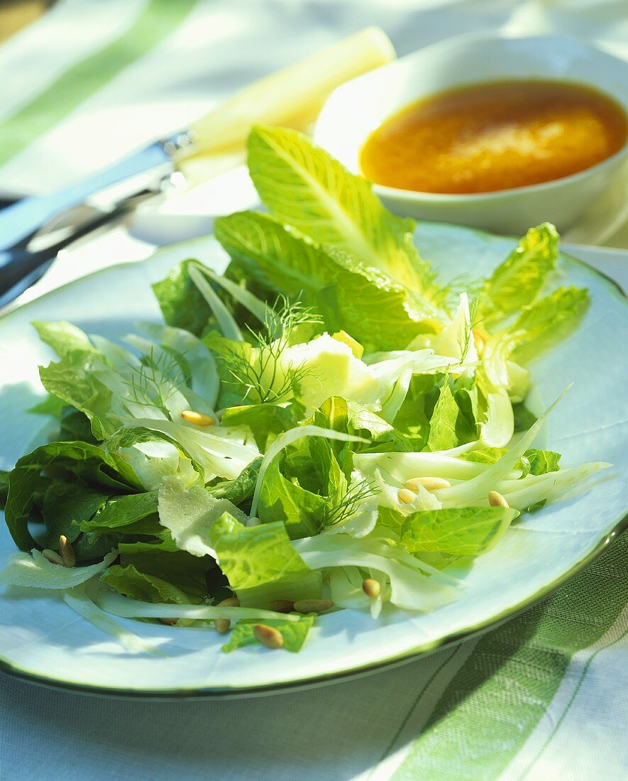 Gemischter Blattsalat mit Fenchel und Pinienkernen