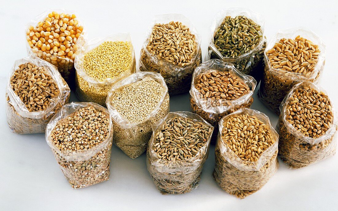 Various types of cereals in plastic bags