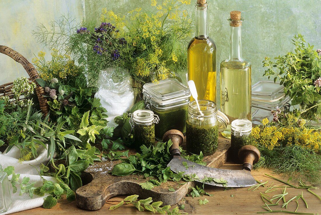 Various herb pastes, fresh herbs and oil