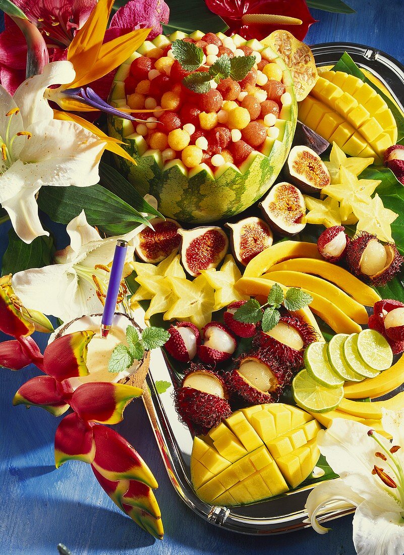 Exotic fruit platter with coconut