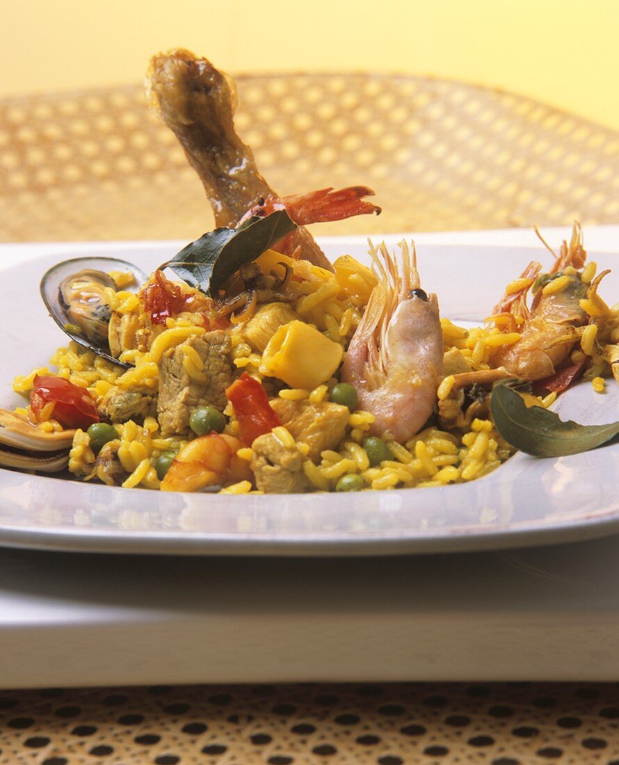 Paella with meat, chicken and seafood