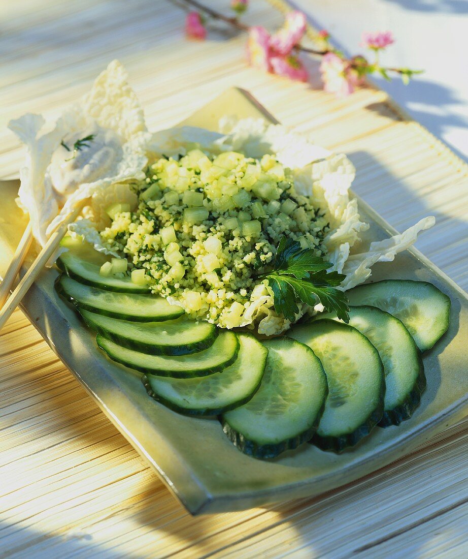 Herb couscous with cucumber and Chinese cabbage