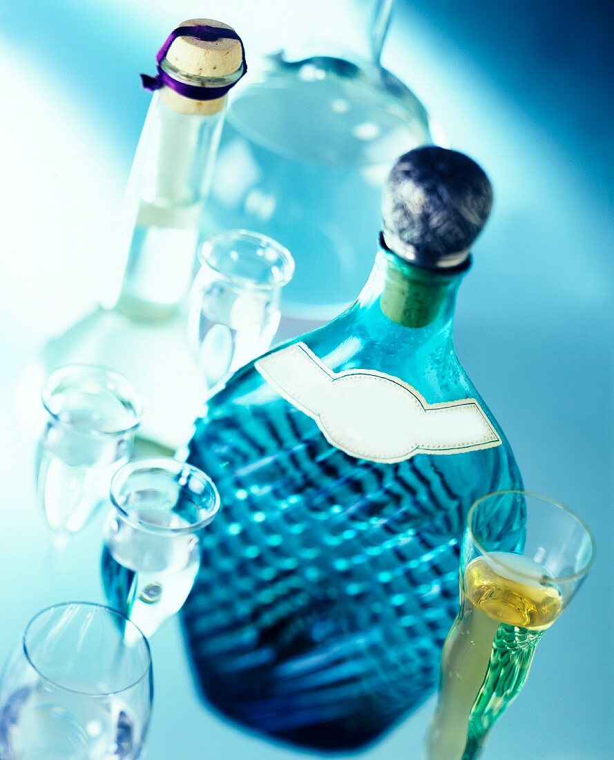 Verschiedene Schnäpse in Flaschen und Gläsern